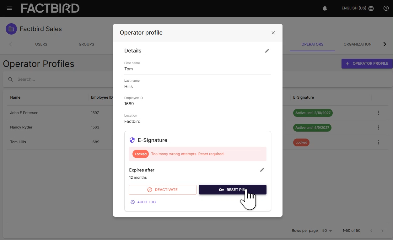 Locate the Reset PIN option in the operator's profile panel.